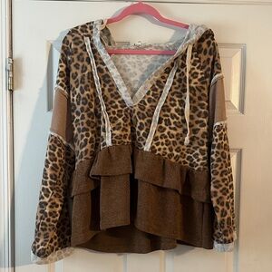 POL Leopard Print Ruffle Hoodie